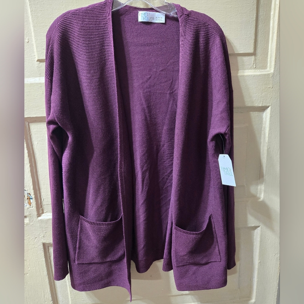 Time & Tru Metropolis Burgundy Open Front Cardigan With Pockets NWT - Picture 4 of 4
